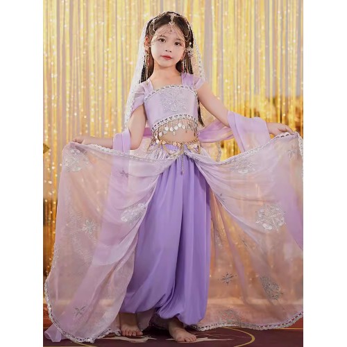 Children girls chinese folk Dunhuang Flying fairy ribbon dance dresses Western Regions exotic ethnic minority bollywood belly dance costumes for kids